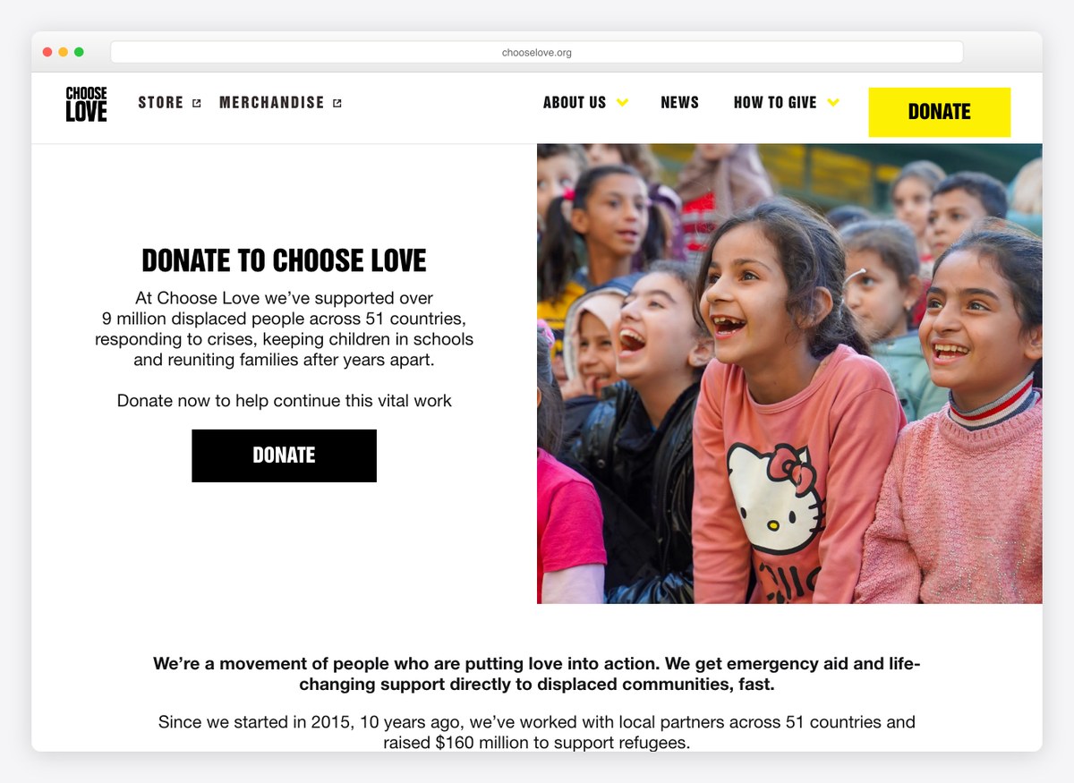Choose Love charity website homepage