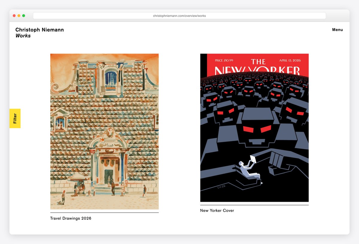 Christoph Niemann's Works overview with a filter tab