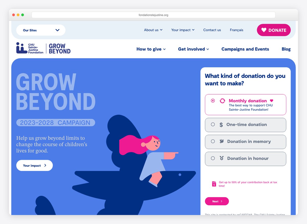 CHU Sainte-Justine Foundation charity website homepage