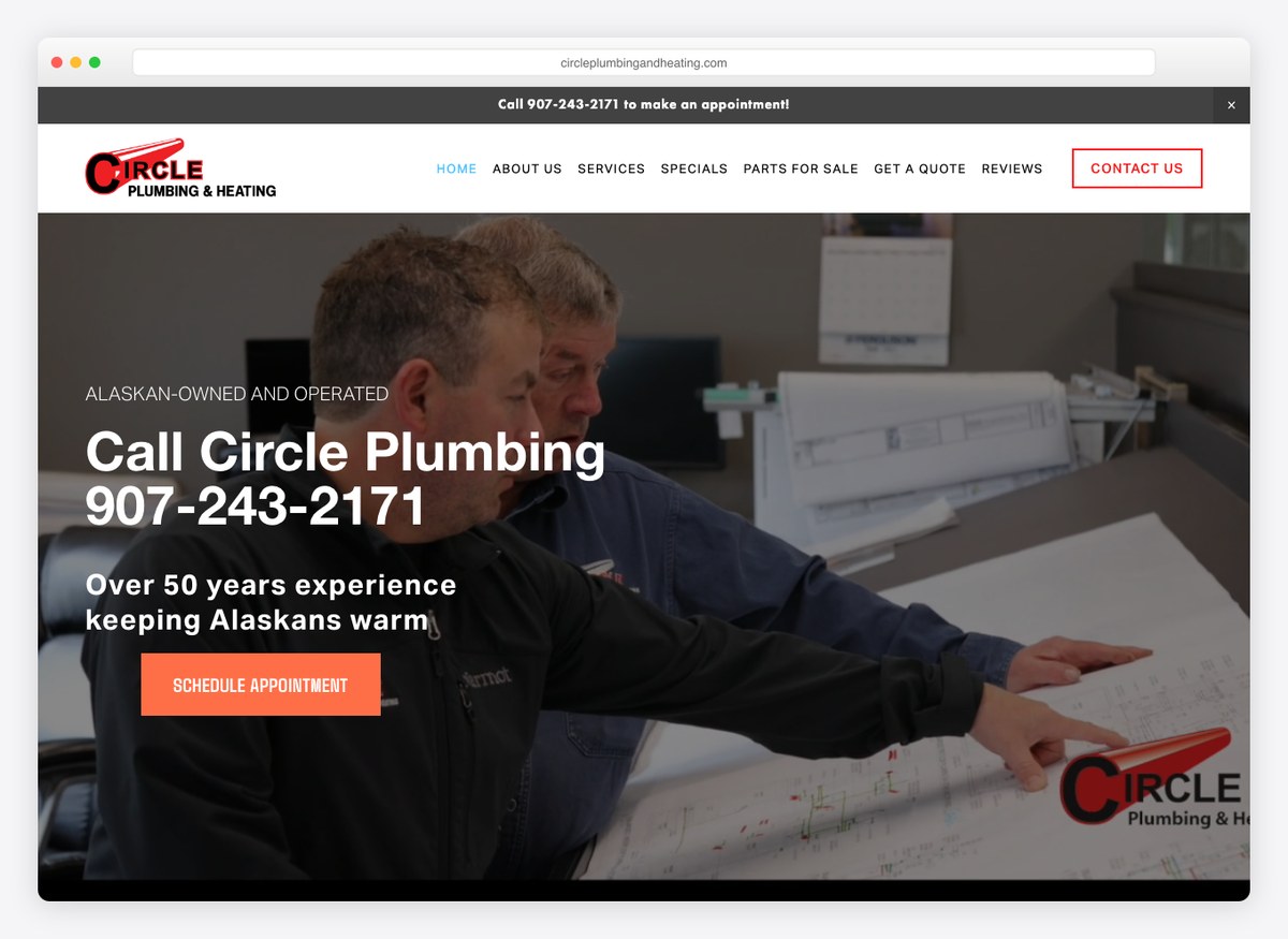 Circle Plumbing and Heating HVAC website homepage