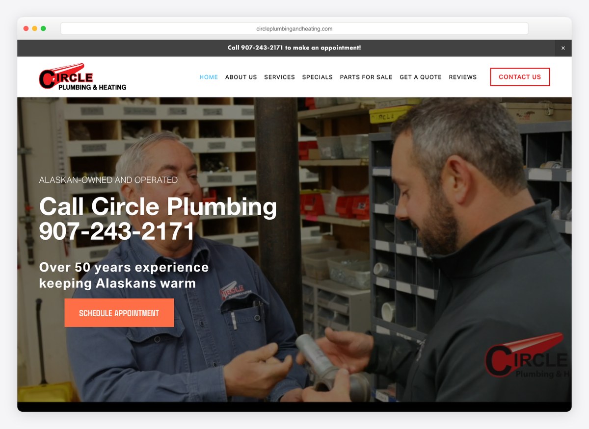 Circle Plumbing and Heating plumbing website homepage