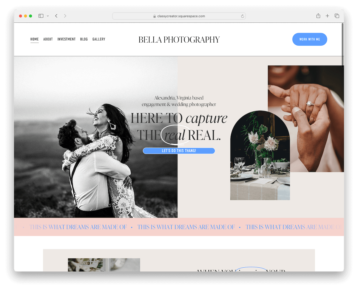 classy creator squarespace wedding photographer template