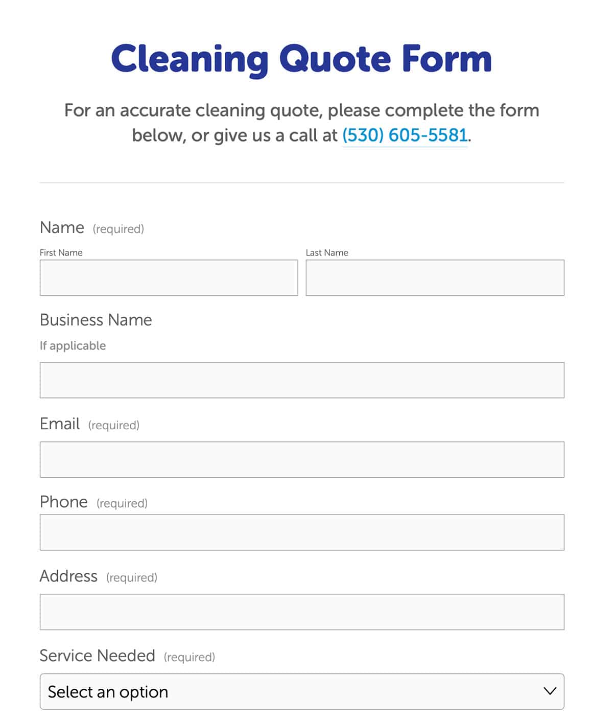 Get a quote section for cleaning company website