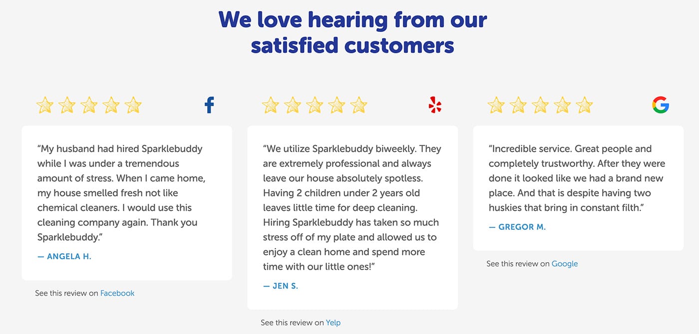 Cleaning company testimonials section