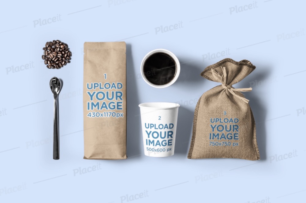 coffee bag mockup featuring a paper cup and a burlap bag