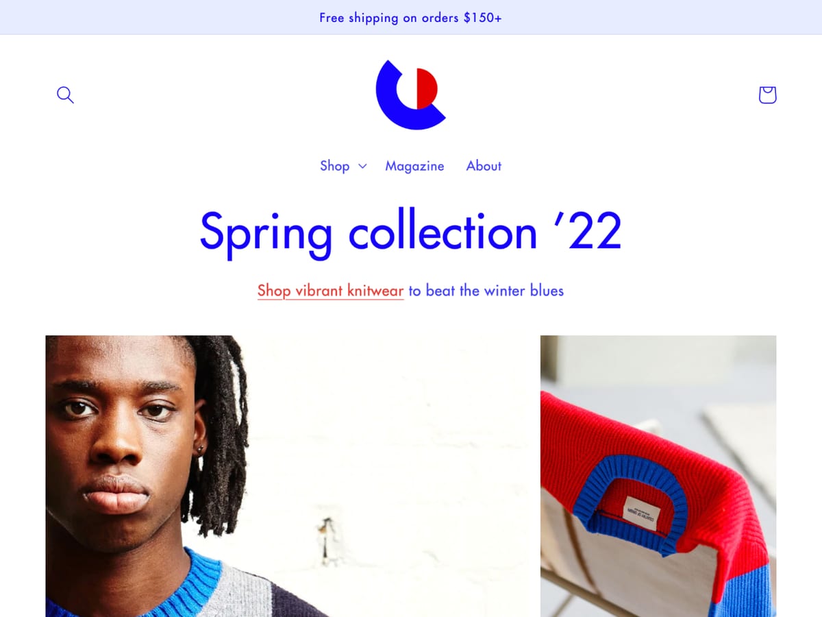 Colorblock free Shopify theme homepage showing a spring knitwear collection