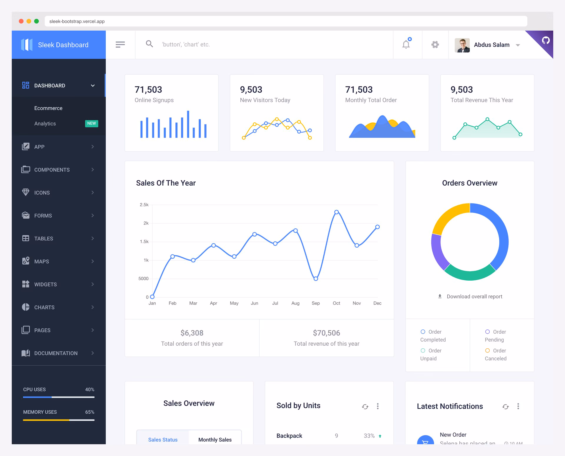 Sleek Dashboard with its dark sidebar, light content area, sales charts and data tables
