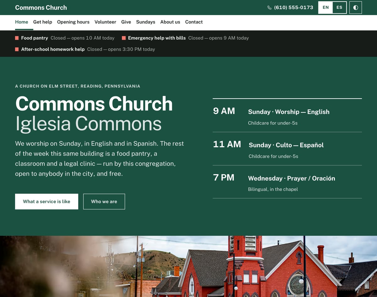 Commons free bilingual church website template with a live weekday opening-hours strip