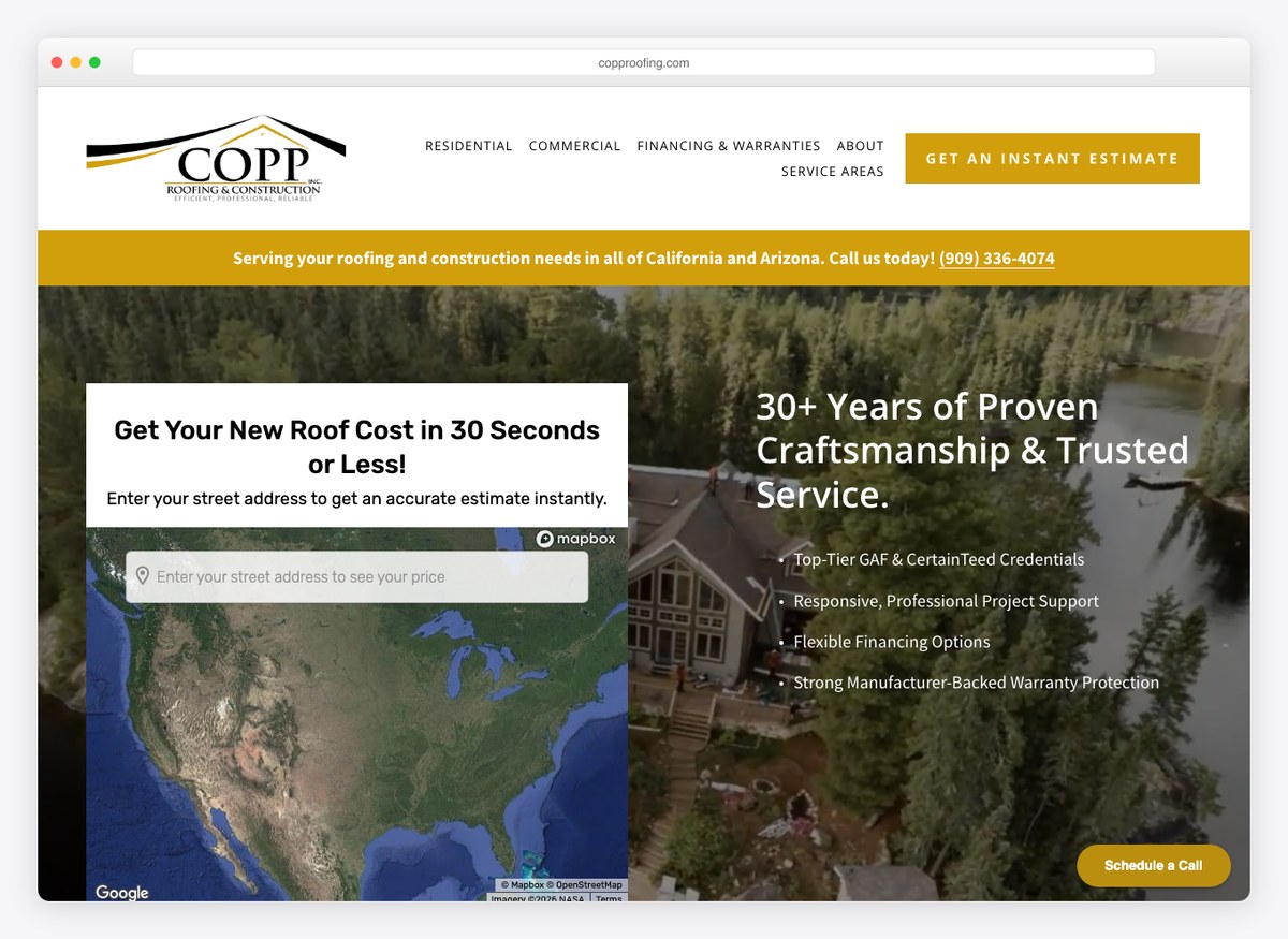 Copp Roofing & Construction roofing company website homepage