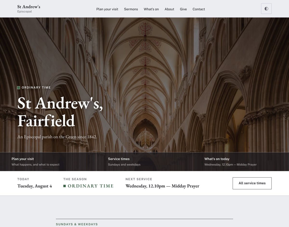 Cornerstone free church website template with the liturgical season shown on the homepage