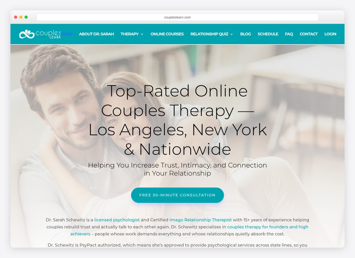 Couples Learn therapist website homepage
