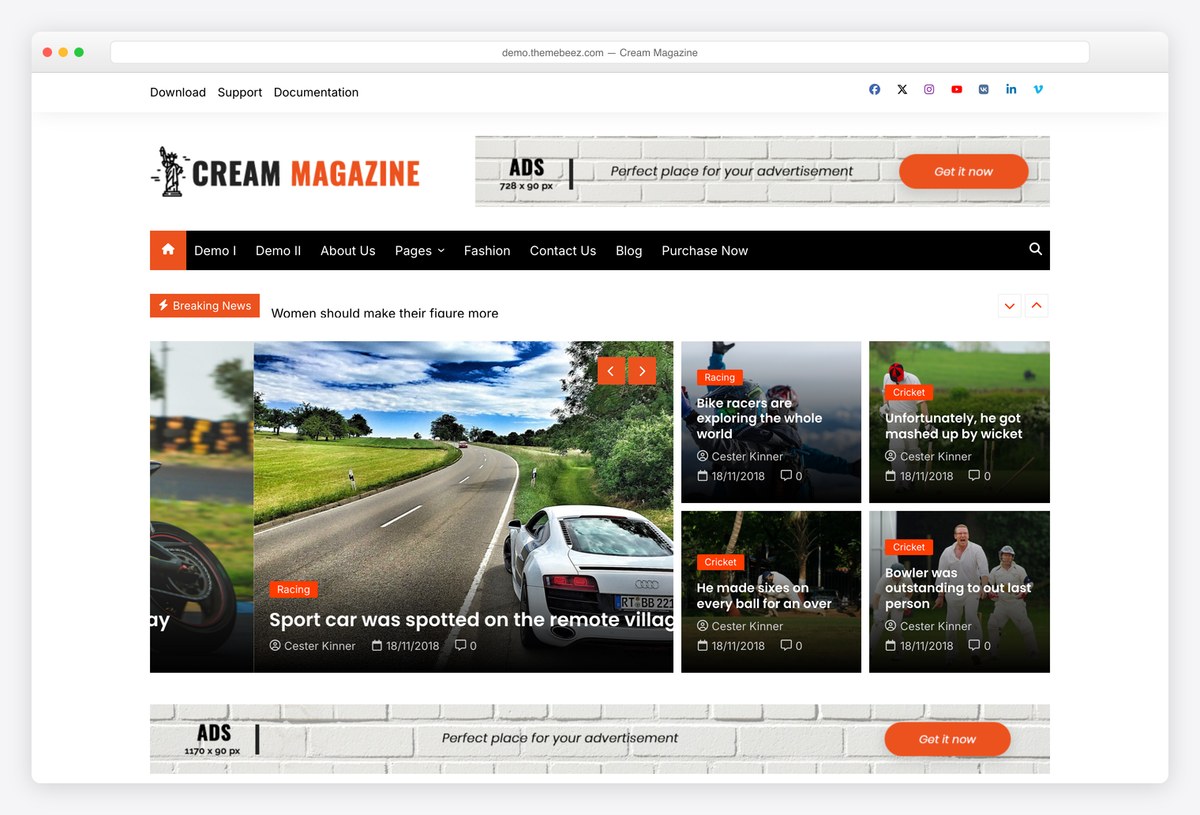 Cream Magazine free WordPress magazine theme demo