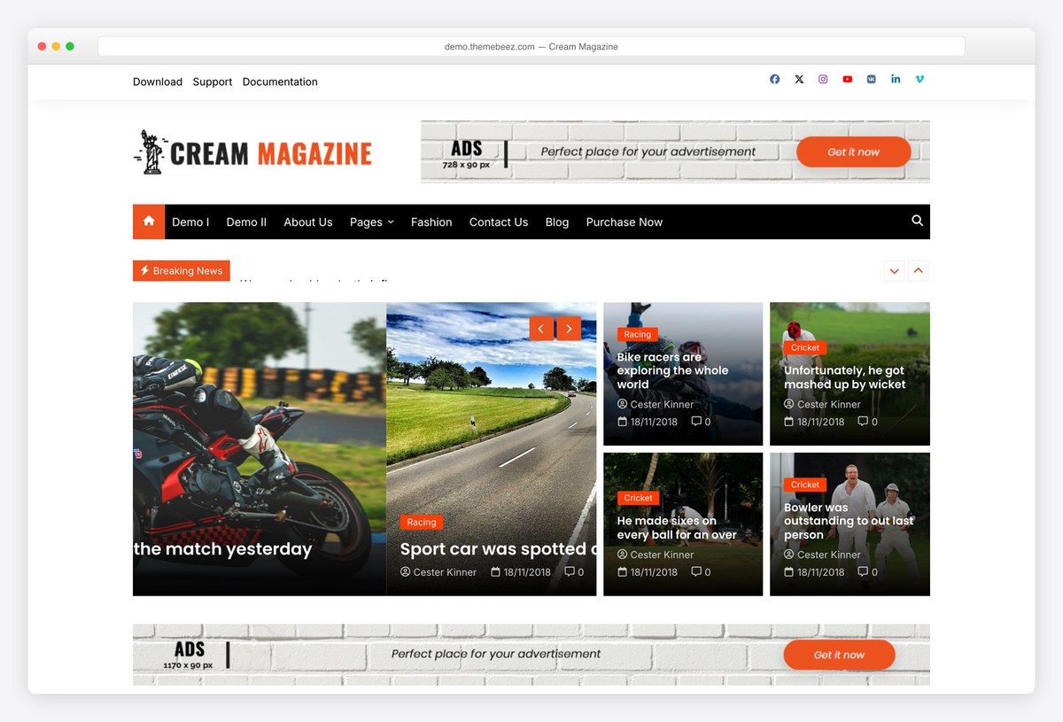 Cream Magazine free WordPress theme with a slider and ad slots