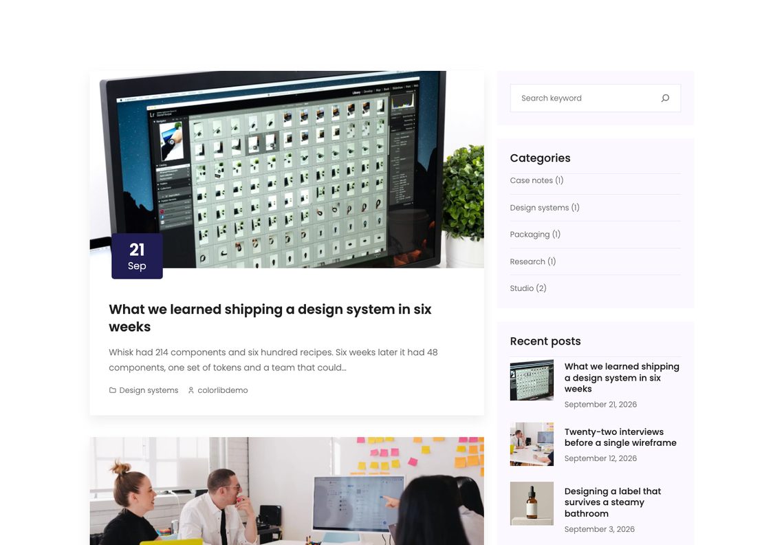 The Creative Agency blog: a post card with a date badge and a photograph of a design system on a monitor, beside a sidebar with search, categories and recent posts