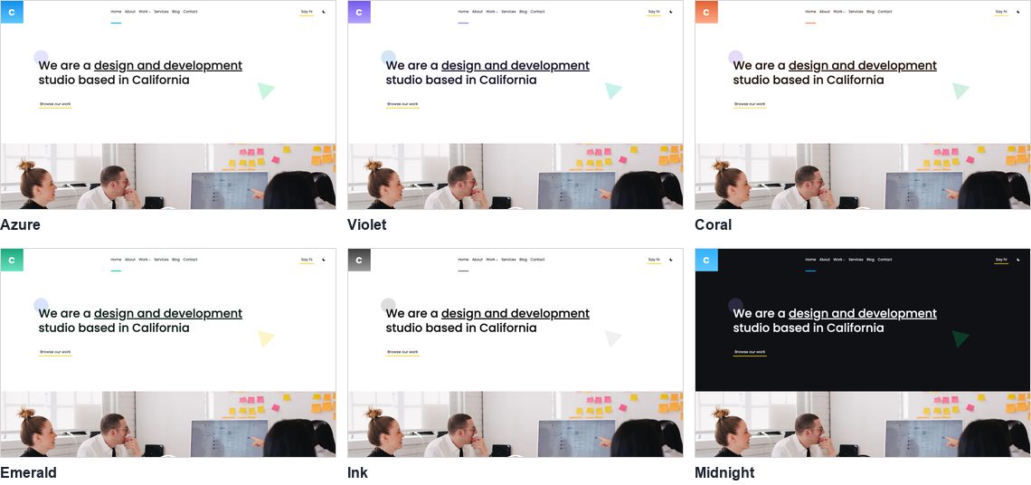 The Creative Agency home page headline in six colour palettes: Azure, Violet, Coral, Emerald, Ink and the dark Midnight