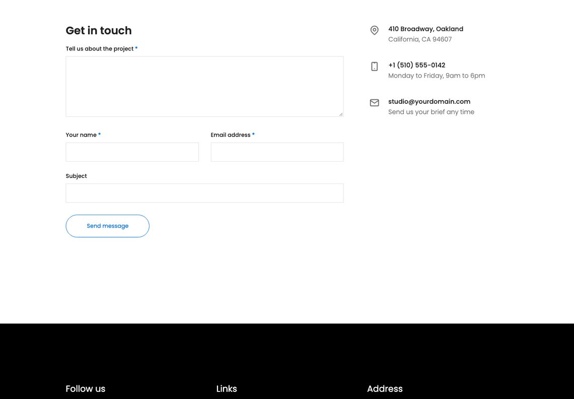 Creative Agency contact page: a form asking about the project, with name, email and subject fields, beside the studio address, phone number and email