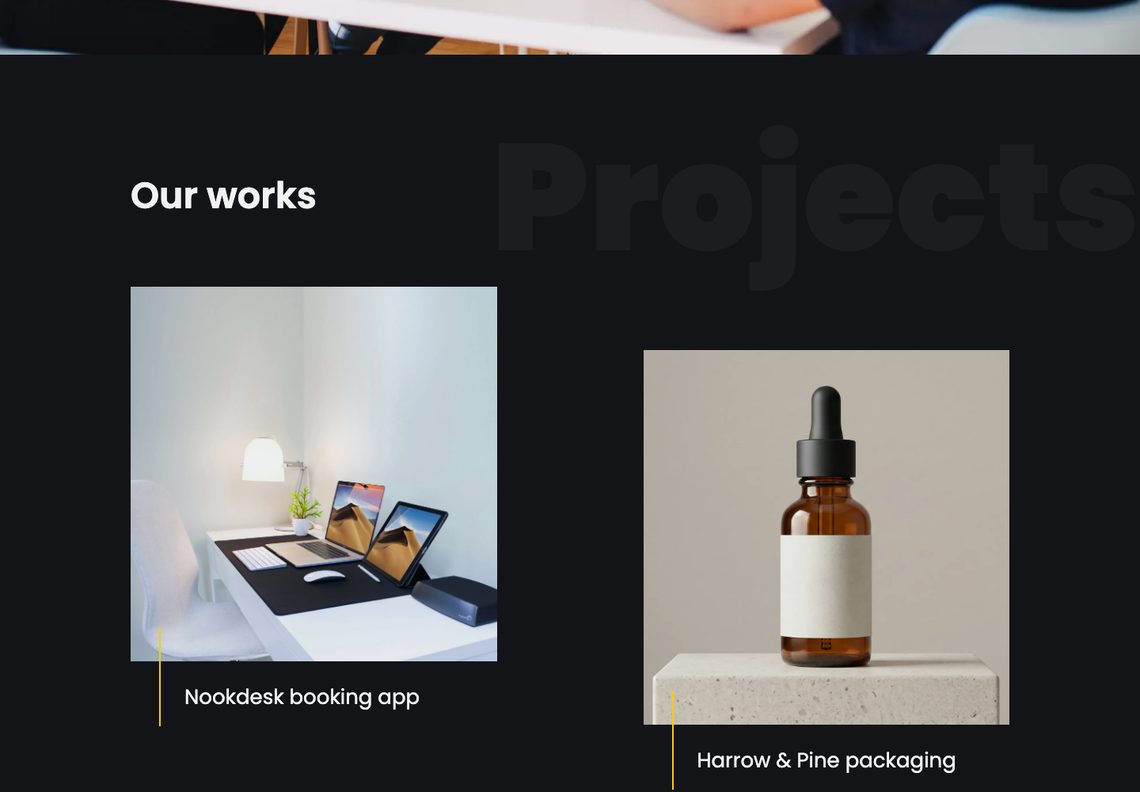 Creative Agency in dark mode: the Our works heading and two project cards on a near-black page