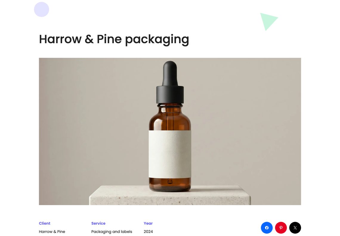 A Creative Agency project page, Harrow & Pine packaging, with a photograph of an amber dropper bottle with a blank label above the client, service and year