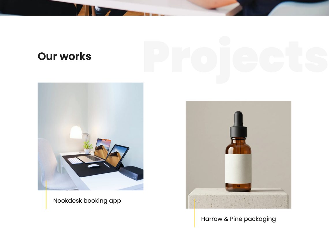 The Creative Agency work grid: the Our works heading above two staggered project cards, a desk booking app and an amber dropper bottle