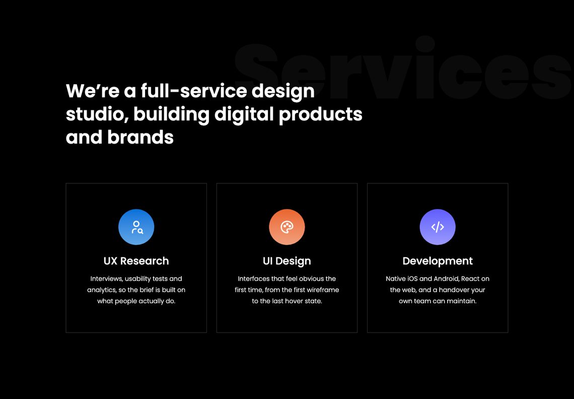 Creative Agency services section: three dark cards for UX research, UI design and development on a black band