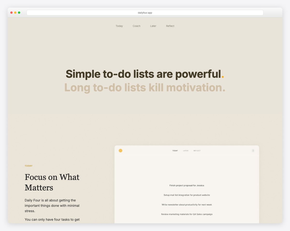 daily four productivity app carrd website example
