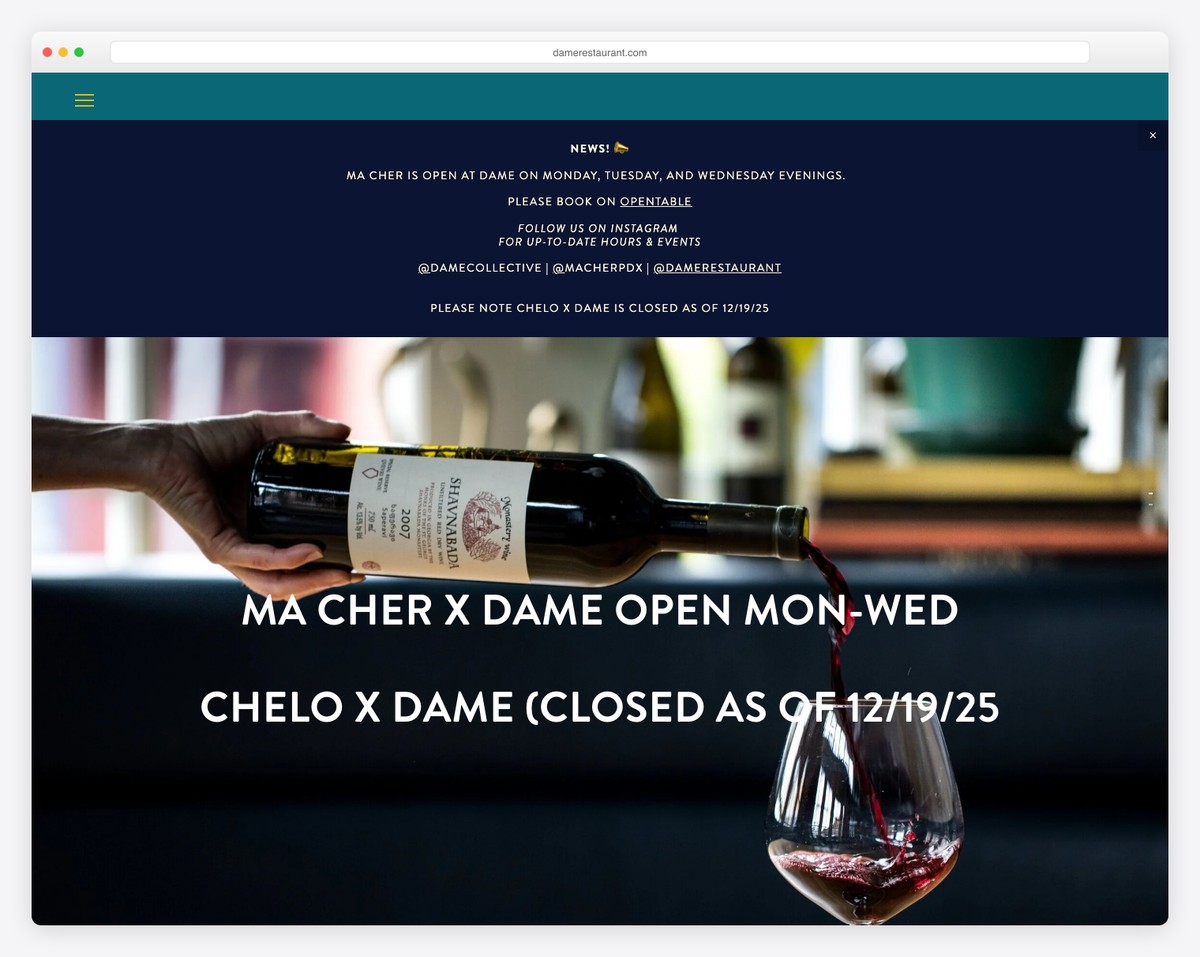 dame squarespace restaurant website