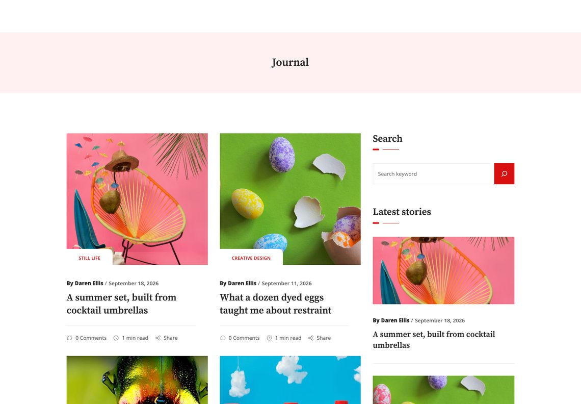 The Daren journal page: a pink banner titled Journal, two story cards with photographs, and a sidebar with search and latest stories