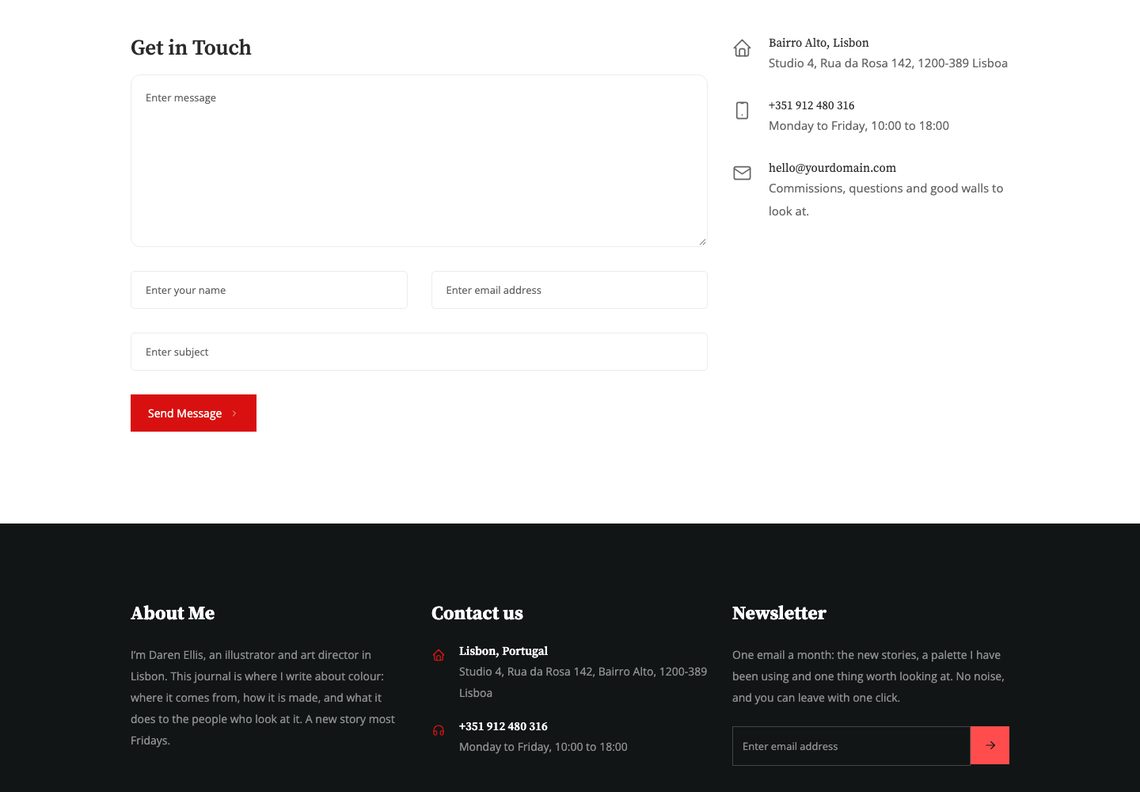 Daren contact page: a Get in Touch form with message, name, email and subject fields beside the studio address, phone number and email, above the dark footer with About Me, contact details and a newsletter sign-up