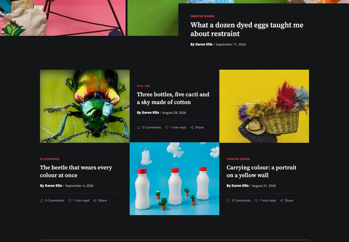 Daren in dark mode: the checkerboard of story cards and photographs on a near-black page, below the dyed-eggs story card