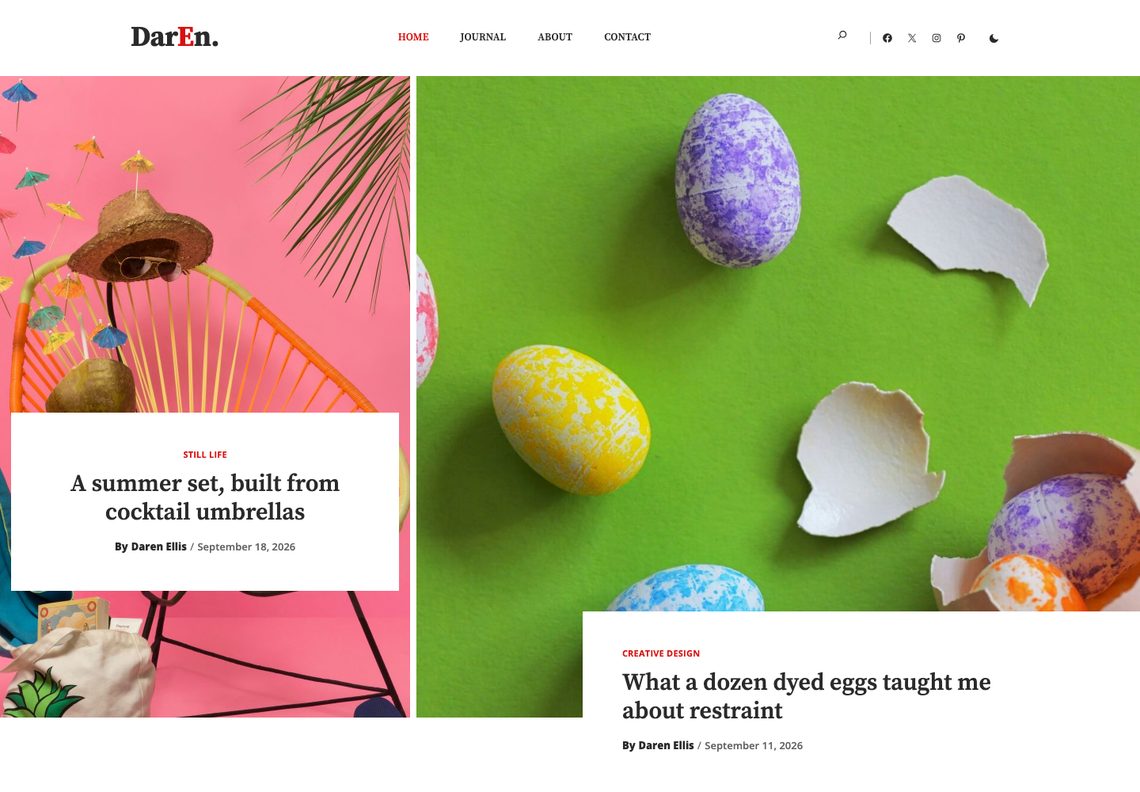 Daren home page: the header above a split banner with two featured stories, cocktail umbrellas on a pink chair and dyed eggs on green paper, each with a white story card