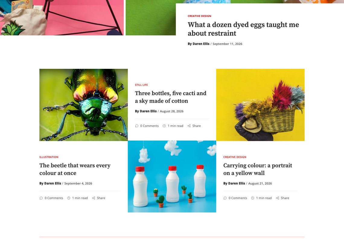 Daren story layouts: the dyed-eggs story card at the foot of the banner, then a checkerboard of photographs and story cards, among them a jewel beetle, three milk bottles under cotton clouds and a basket of feathers against a yellow wall