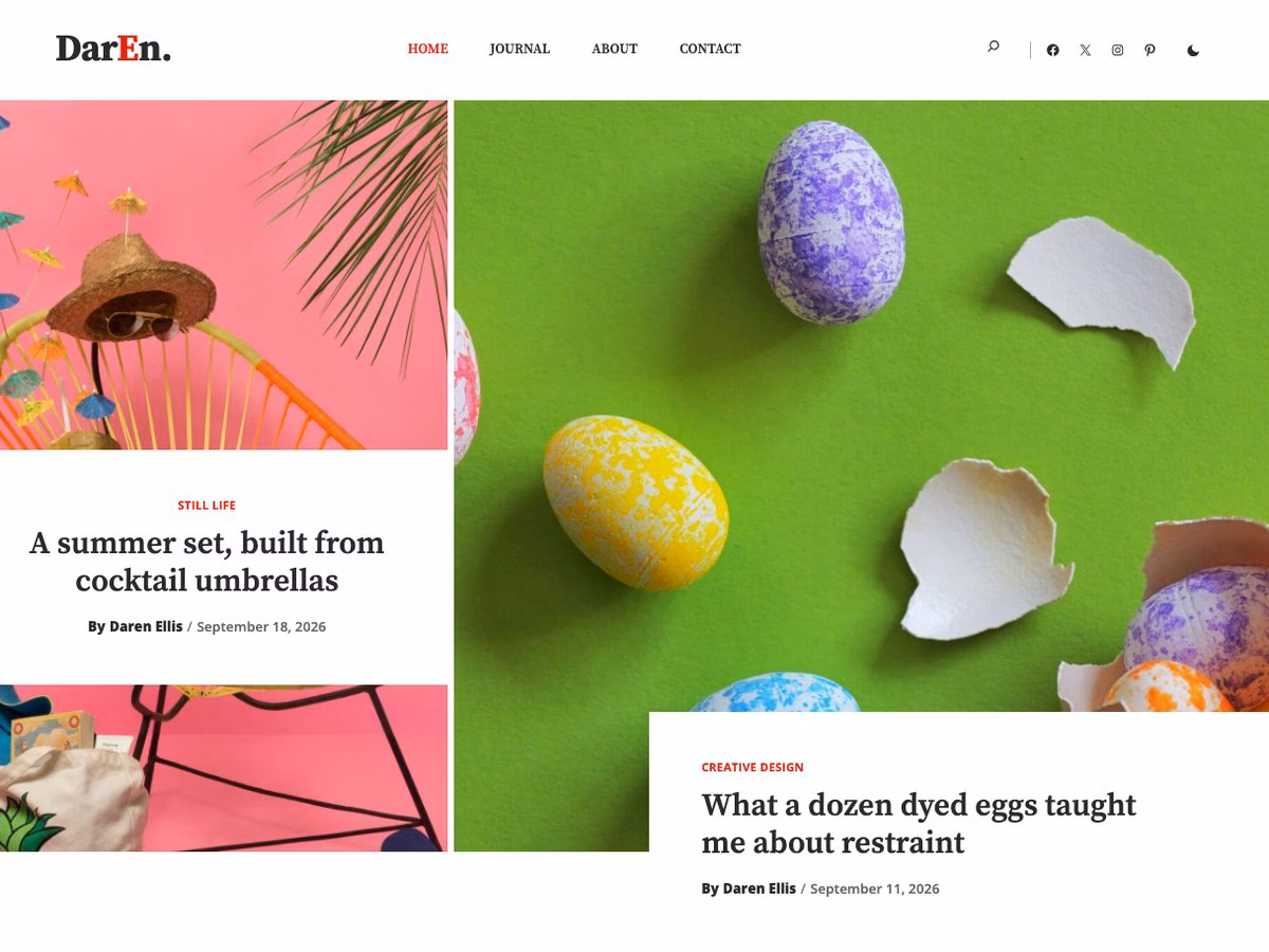 Daren WordPress theme home page: a split banner of two photographs, cocktail umbrellas on a pink chair and dyed eggs on green paper, each with a white story card