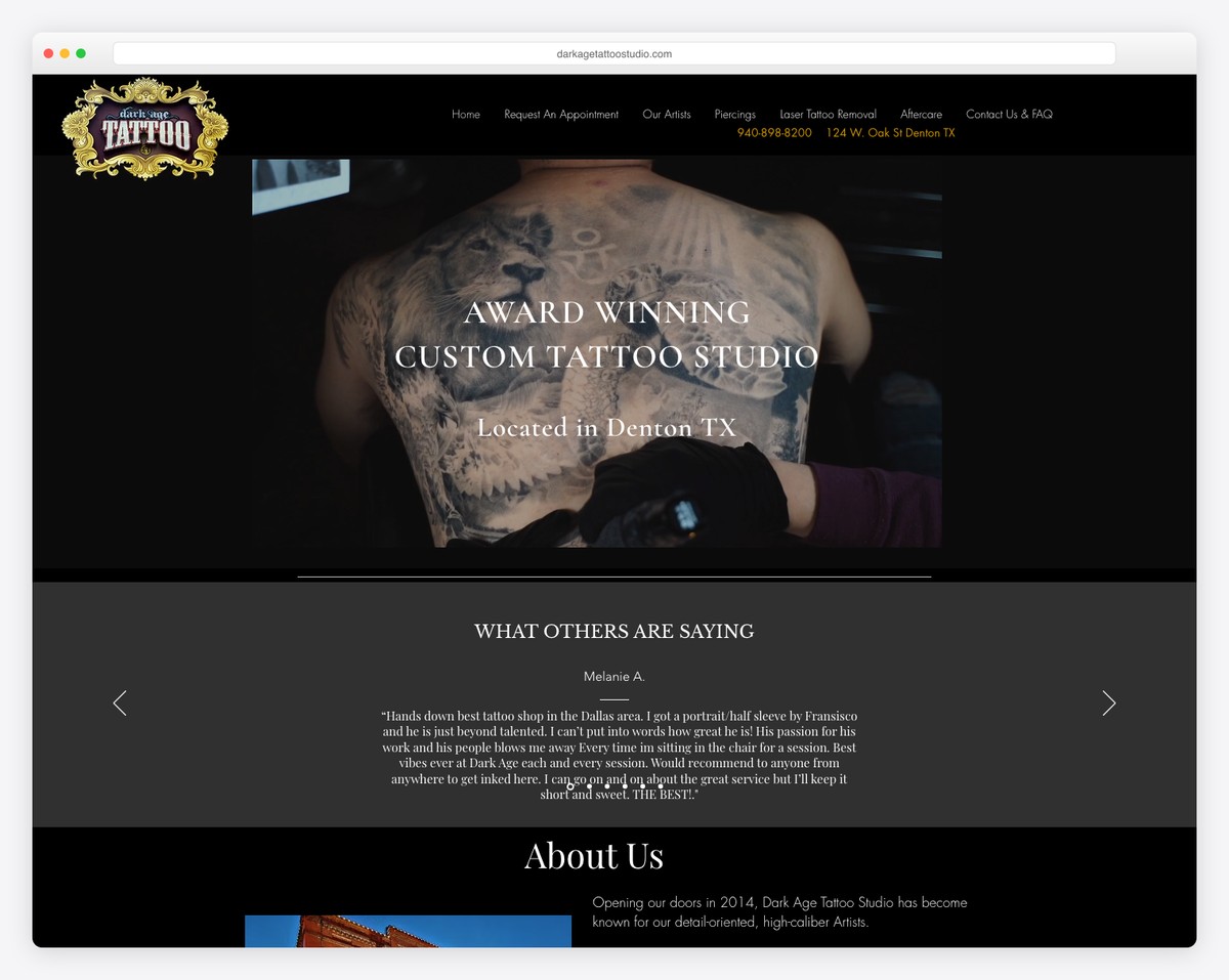 dark age tattoo studio website example