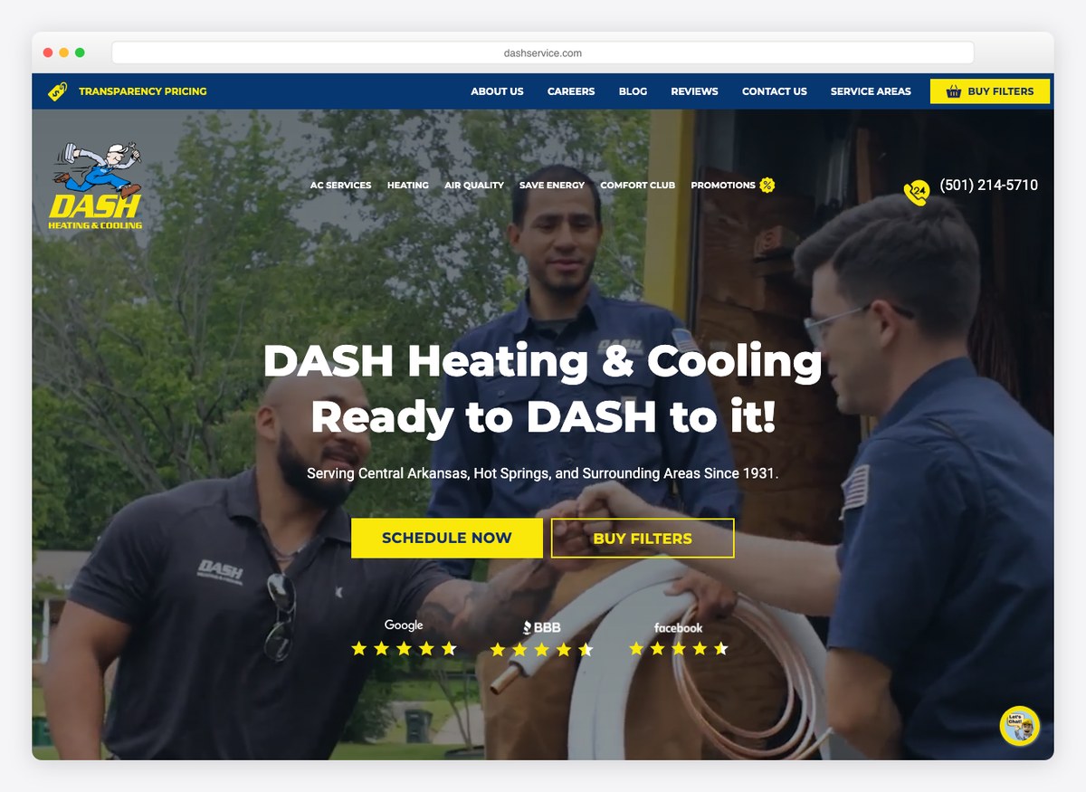 DASH Heating, Cooling & Plumbing HVAC website homepage