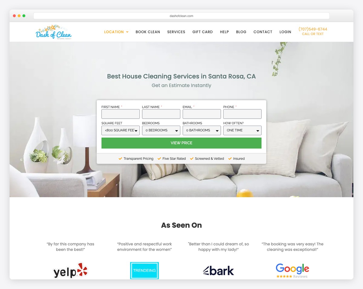 dash of clean website example