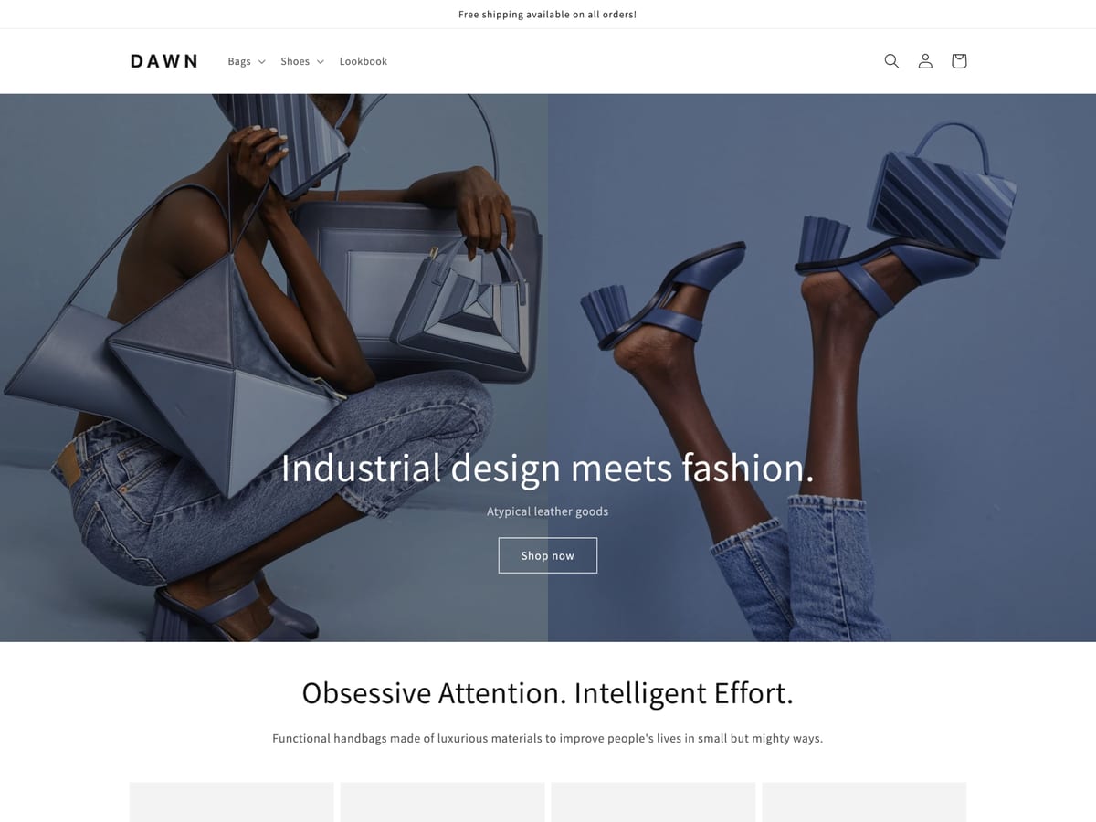 Dawn free Shopify theme homepage with a leather goods hero image