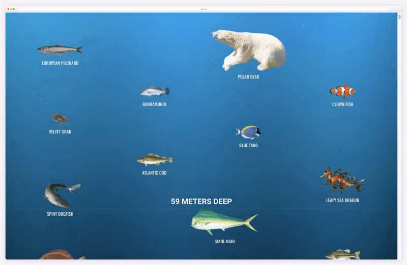 The Deep Sea: scrolling down past sea creatures and the depth counter