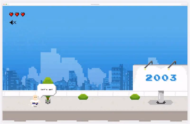 My Developer Journey: a pixel character running past career milestones