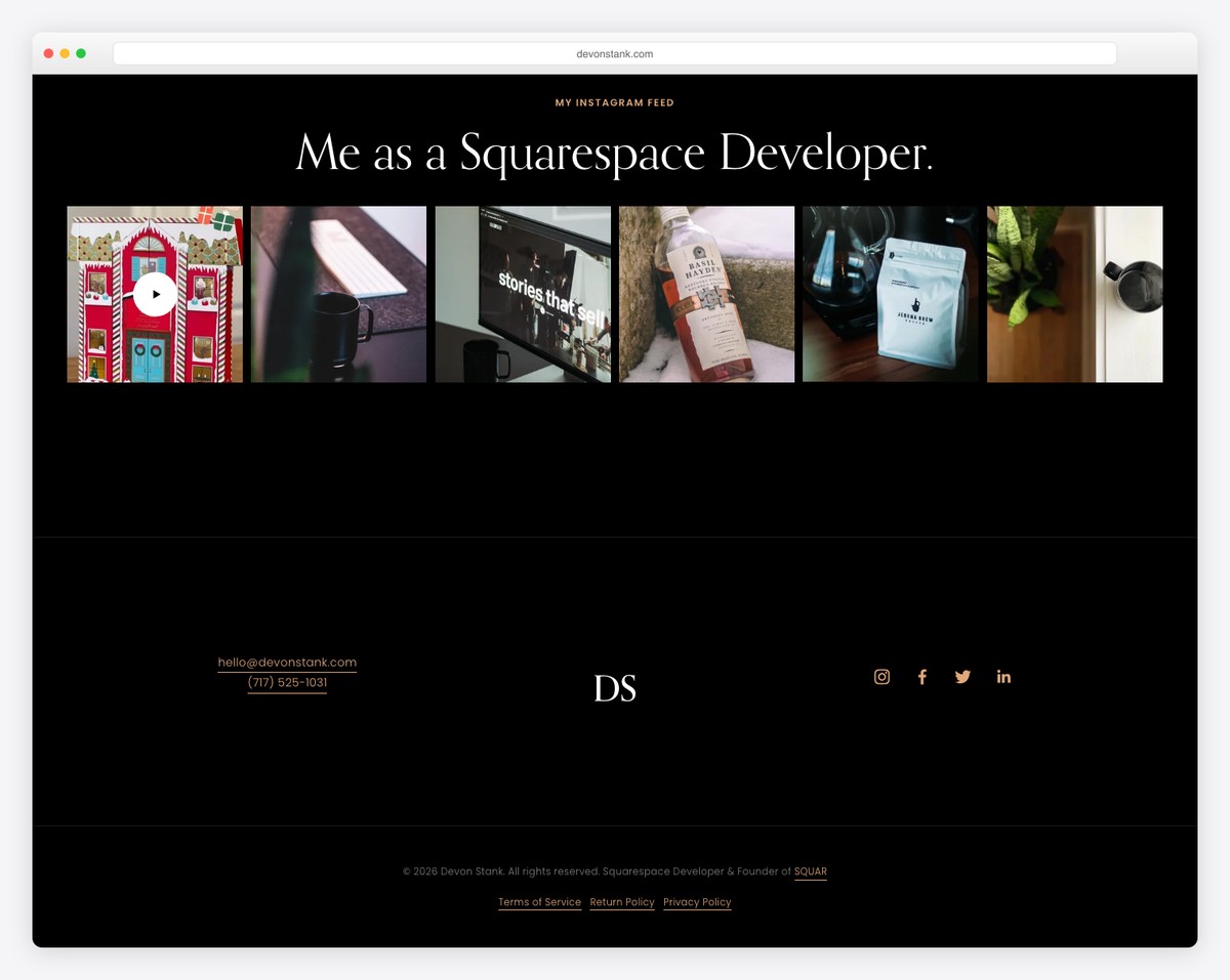 Devon Stank portfolio footer with contact information