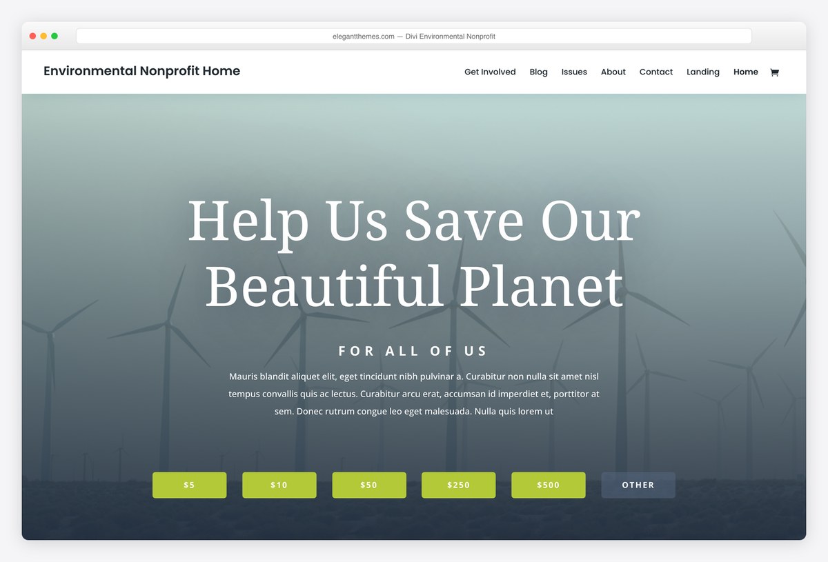 Divi Environmental Nonprofit layout pack live demo