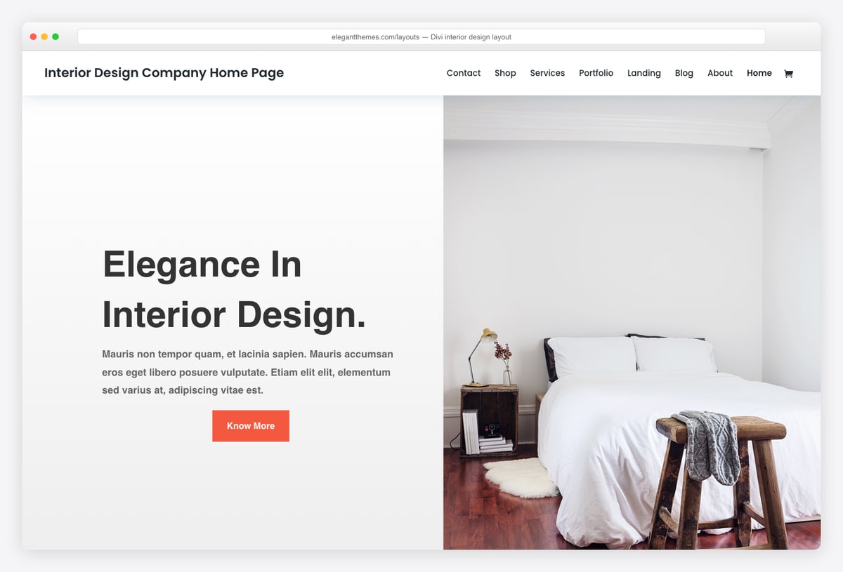 Divi interior design layout, a minimal page built with the Divi theme