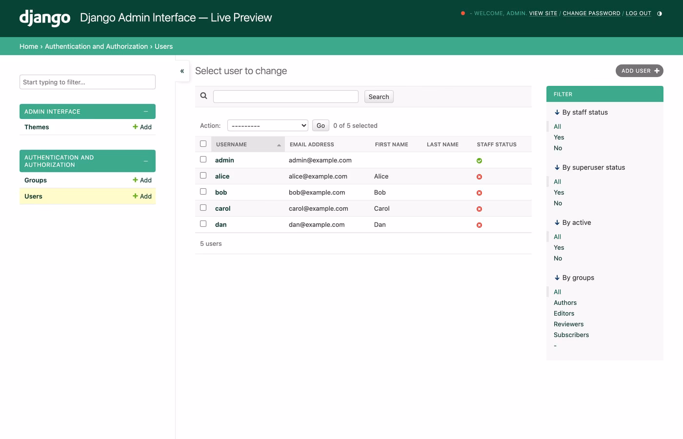 Django Admin Interface — flat-design responsive theme with database-configured branding