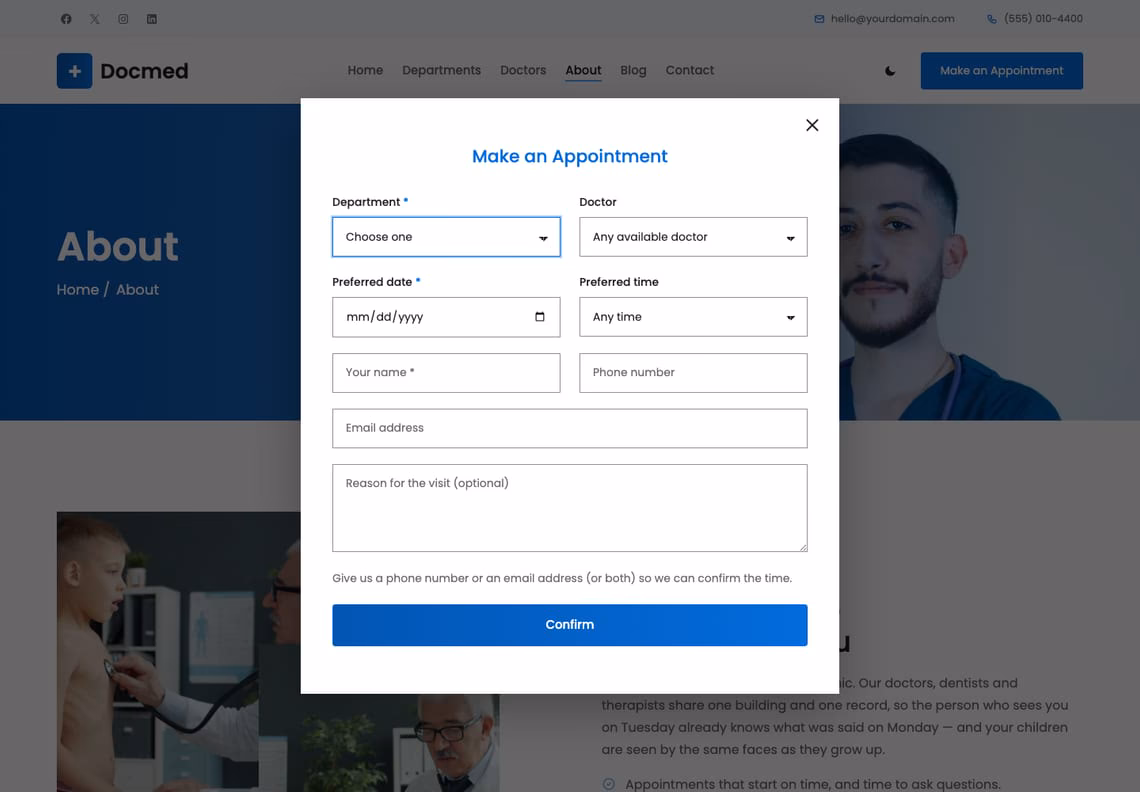 The Make an Appointment dialog open over the About page, with drop-downs for department, doctor and preferred time, a date field, name, phone, email and a note, and a blue Confirm button