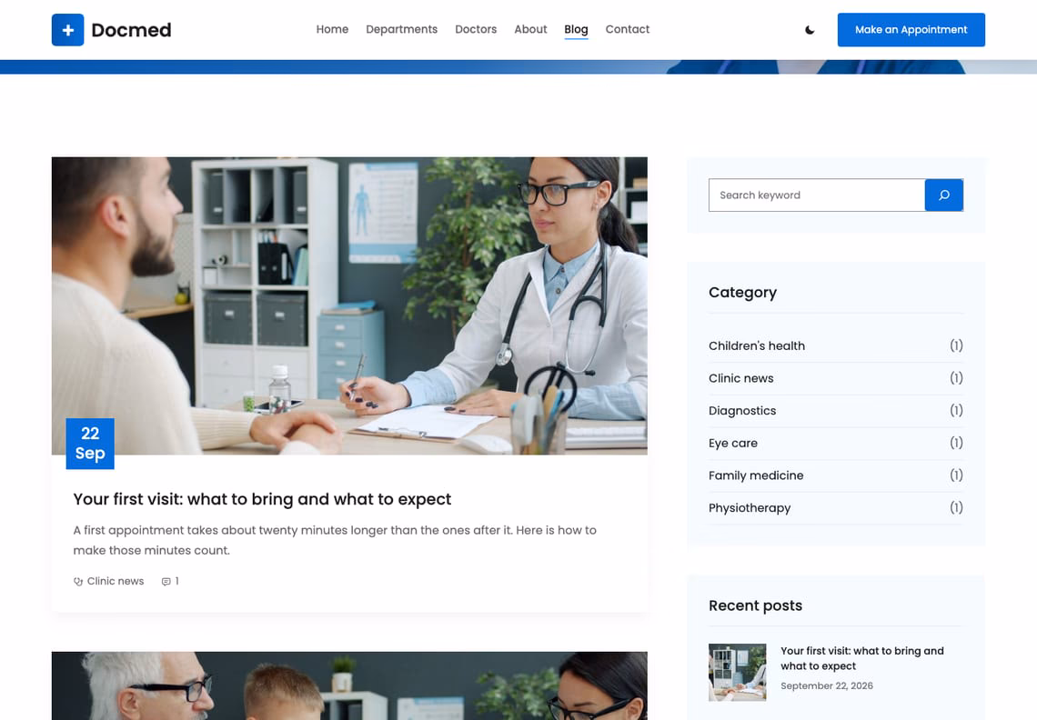 The blog: a post card with a blue date badge over a photograph of a consultation, and a sidebar with search, categories and recent posts on pale blue panels
