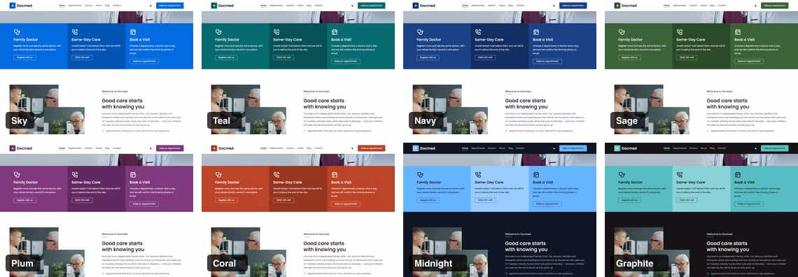 The same service band and welcome block in eight colour palettes: Sky, Teal, Navy, Sage, Plum, Coral, and the dark Midnight and Graphite
