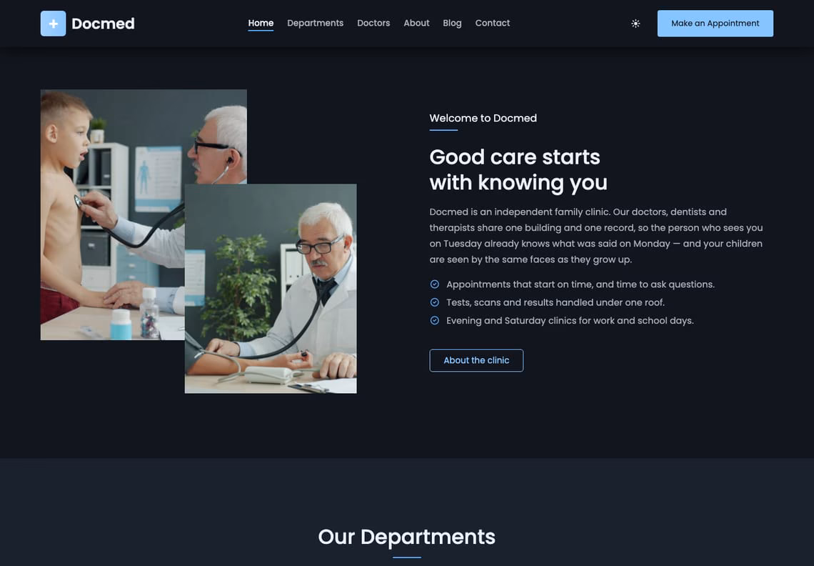 Docmed in dark mode: the welcome section with two overlapping photographs of an older doctor examining patients, the heading Good care starts with knowing you and a ticked list, on a near-black ground