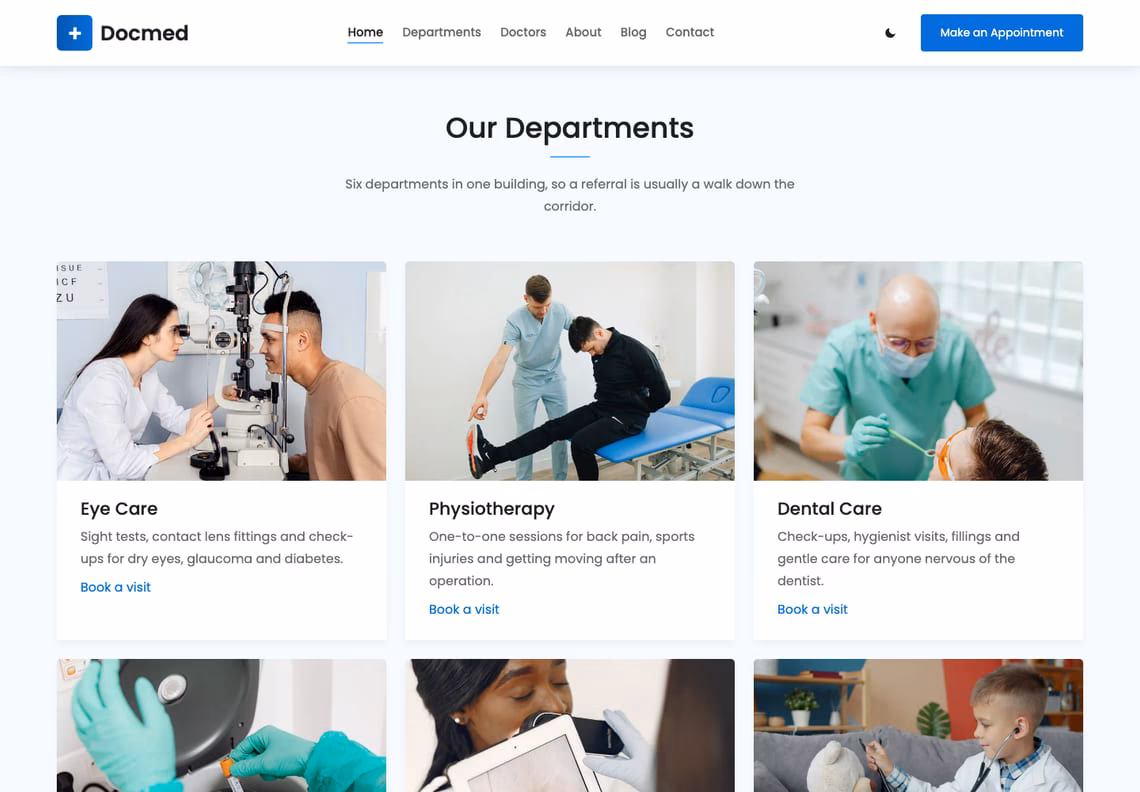 The Our Departments section: white cards for Eye Care, Physiotherapy and Dental Care, each with a photograph, a line of copy and a Book a visit link, on a pale blue ground