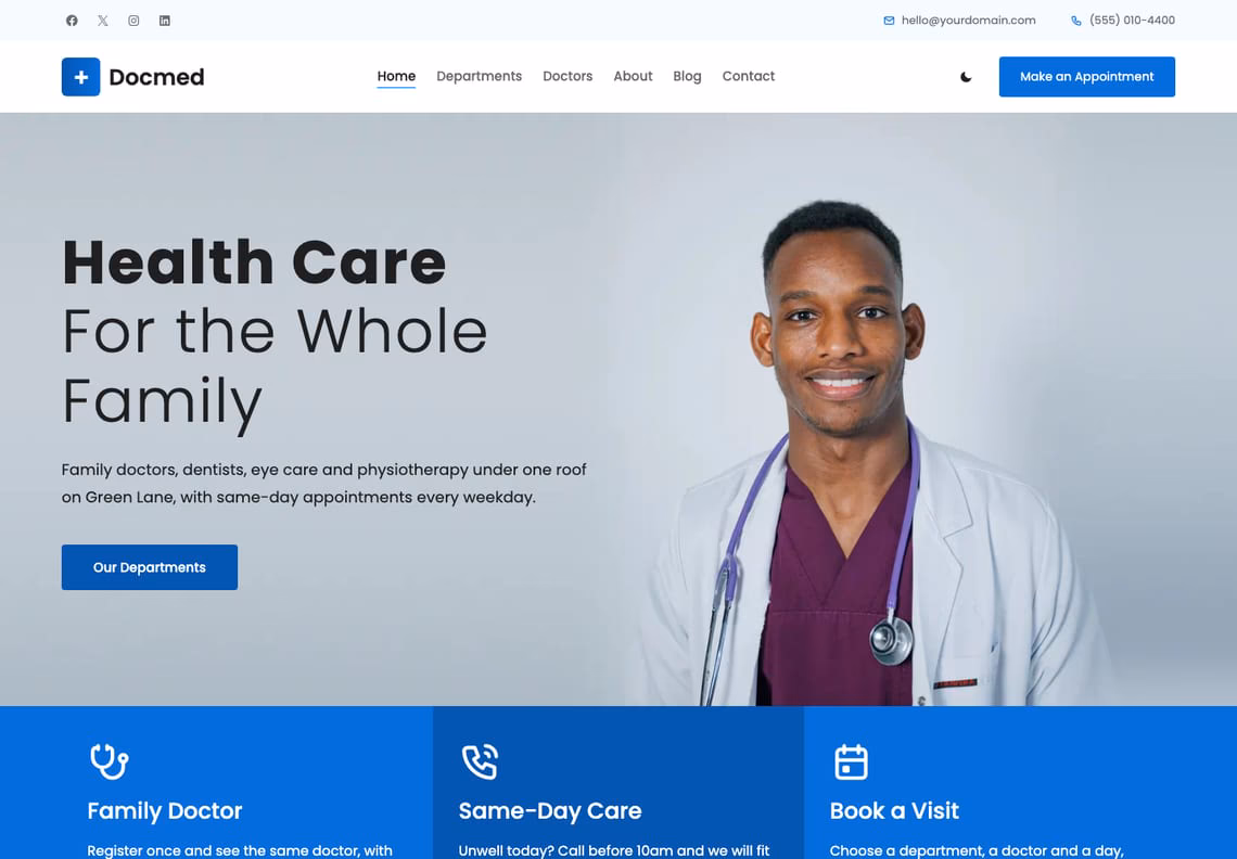 Docmed WordPress theme home page: a smiling doctor in a white coat and maroon scrubs on the right of a pale studio photograph, the headline Health Care For the Whole Family on the left, and three blue service cells beneath