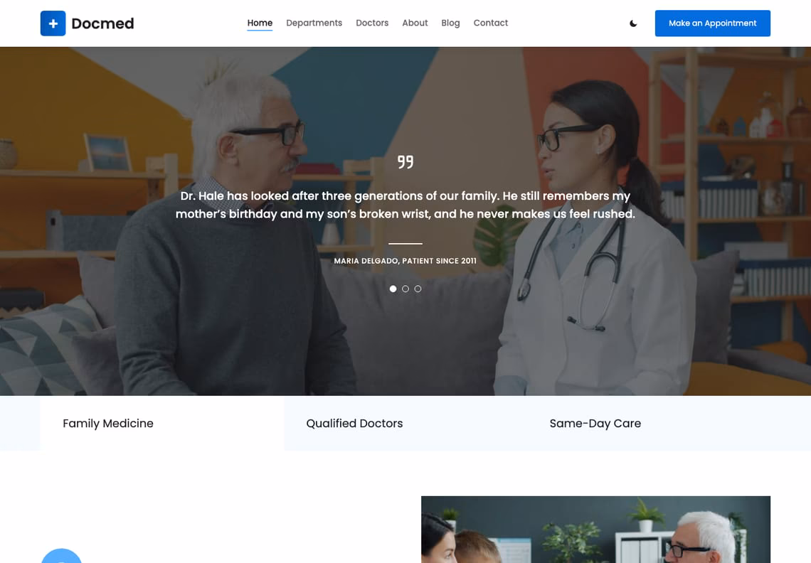 A patient's review in white over a darkened photograph of a consultation, with slider dots, above three tabs: Family Medicine, Qualified Doctors and Same-Day Care