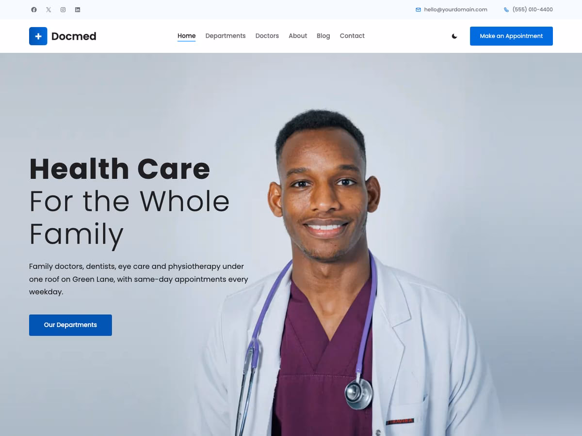 Docmed WordPress theme home page hero: a smiling doctor in a white coat and maroon scrubs beside the headline Health Care For the Whole Family